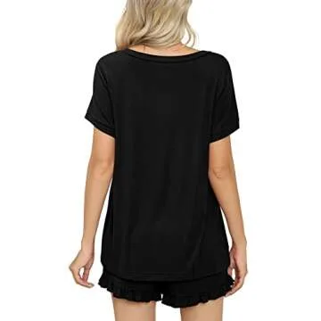 PrinStory Womens Pajamas Set Lounge Sets Short Sleeve Sleepwear Soft Pjs Shorts Set with Pockets Black M