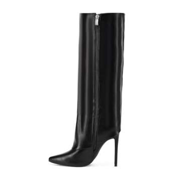 Elisabet Tang Fold Over Knee High Shark Slouchy Leather Boots for Women Pointed Toe high heel Tall L...