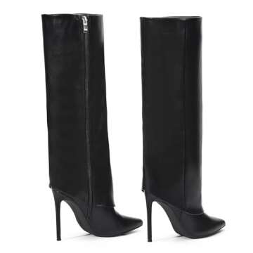 Elisabet Tang Fold Over Knee High Shark Slouchy Leather Boots for Women Pointed Toe high heel Tall Long Patent Dress Boots Fashion Dressy Work Fall