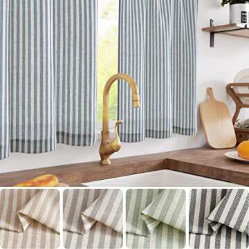 jinchan Linen Kitchen Curtains 36 Inch Length Striped Tier Curtains Ticking Stripe Small Drapes for ...
