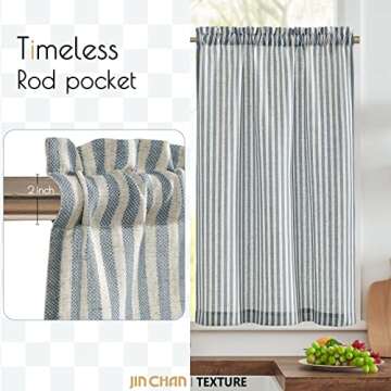 jinchan Linen Kitchen Curtains 36 Inch Length Striped Tier Curtains Ticking Stripe Small Drapes for Living Room Bathroom Cafe Small Window Farmhouse Rustic Pinstripe Rod Pocket 2 Panels Blue