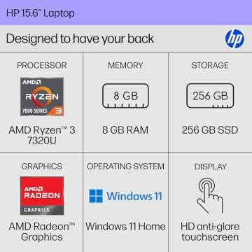 HP 15.6 inch Laptop - HD Touchscreen, AMD Ryzen 3, 8GB RAM, 256GB SSD, Windows 11 Home