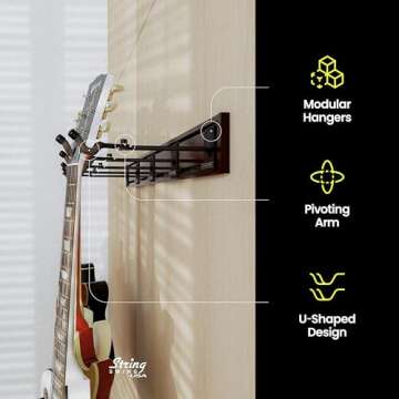 String Swing Guitar Wall Rack - Multiple Guitar Wall Mount - Guitar Organizer for Acoustic & Electric Guitars - 5 Padded Arm Hangers & Copper Slatwall Rail - Wall Mount Guitar Rack - MADE IN USA