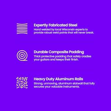 String Swing Guitar Wall Rack - Multiple Guitar Wall Mount - Guitar Organizer for Acoustic & Electric Guitars - 5 Padded Arm Hangers & Copper Slatwall Rail - Wall Mount Guitar Rack - MADE IN USA