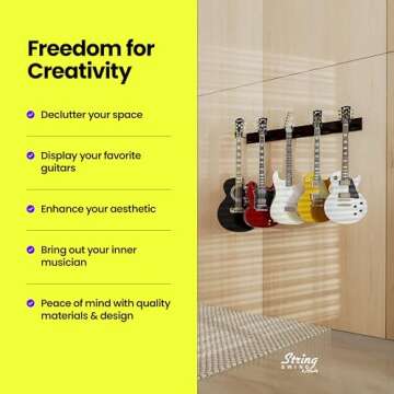 String Swing Guitar Wall Rack - Multiple Guitar Wall Mount - Guitar Organizer for Acoustic & Electric Guitars - 5 Padded Arm Hangers & Copper Slatwall Rail - Wall Mount Guitar Rack - MADE IN USA