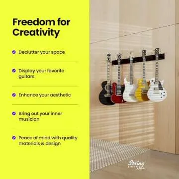 String Swing Guitar Wall Rack - Multiple Guitar Wall Mount - Guitar Organizer for Acoustic & Electric Guitars - 5 Padded Arm Hangers & Copper Slatwall Rail - Wall Mount Guitar Rack - MADE IN USA