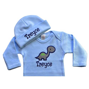 Personalized Embroidered Baby Boy Dinosaur Newborn Gown with Matching Cotton Beanie Hat - Your Custo...