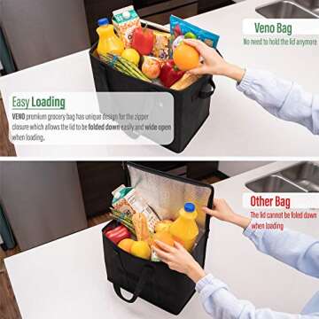 VENO Reusable Insulated Grocery Shopping Bags, 2 X Large Collapsible Insulated zippered Cooler with Reinforced Bottoms, Made of Recycled Material (Pack of 2)