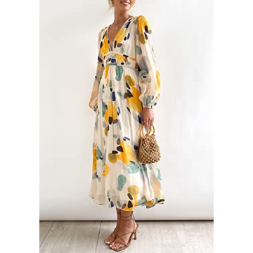 Sissyaki Women's Long Sleeve Boho Floral Maxi Dress Smocked Beach Flowy Dress Yellow-Watercolour L