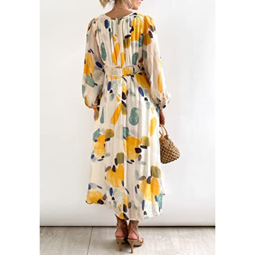 Sissyaki Women's Long Sleeve Boho Floral Maxi Dress Smocked Beach Flowy Dress Yellow-Watercolour L