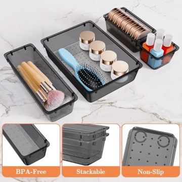 SpaceHacks 25 PCS Plastic Drawer Organizer Set, 4-Size Versatile Organizer Trays & storage Bins for Makeup, Jewelry, and Gadgets in Bathroom, Bedroom and Office, Black