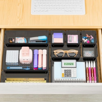SpaceHacks 25 PCS Plastic Drawer Organizer Set, 4-Size Versatile Organizer Trays & storage Bins for Makeup, Jewelry, and Gadgets in Bathroom, Bedroom and Office, Black