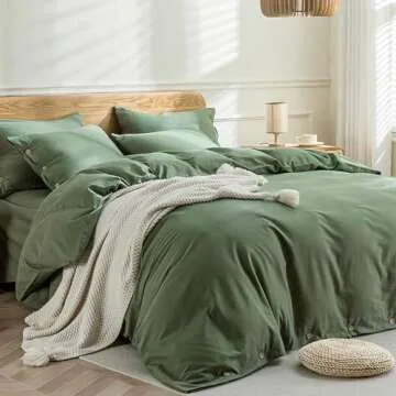 JELLYMONI Green Duvet Cover King Size - 100% Washed Cotton Linen Like Textured Comforter Cover, 3 Pi...