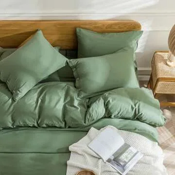 JELLYMONI Green Duvet Cover King Size - 100% Washed Cotton Linen Like Textured Comforter Cover, 3 Pieces Breathable Soft Bedding Set with Button Closure (Green, King 104"x90")