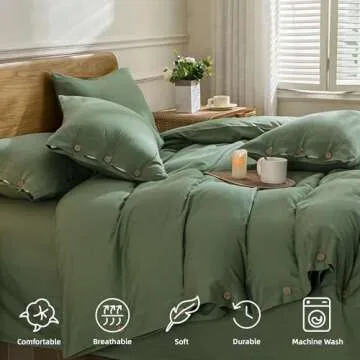 JELLYMONI Green Duvet Cover King Size - 100% Washed Cotton Linen Like Textured Comforter Cover, 3 Pieces Breathable Soft Bedding Set with Button Closure (Green, King 104"x90")
