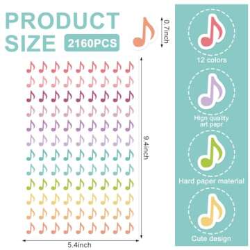 JarThenaAMCS 2160Pcs Music Notes Mini Stickers Colorful Paper Decals 12 Colors Self Adhesive Seal St...