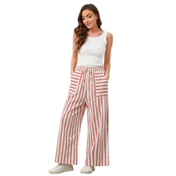 Stylish OLAPTA Women Striped Wide Leg Pants with Drawstring and Pockets for Comfortable Casual Wear