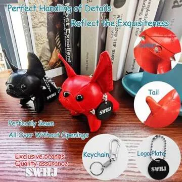 SWHJ Cute Puppy Car Keychain,Leather Handmade Bull Dog Key Chain Accessories,Best Fashion Gifts For Women-Kids-Friend, Black.