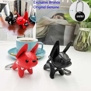 SWHJ Cute Puppy Car Keychain,Leather Handmade Bull Dog Key Chain Accessories,Best Fashion Gifts For Women-Kids-Friend, Black.