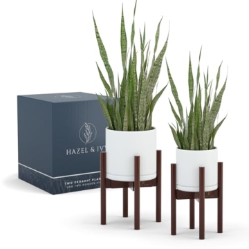 Hazel & Ivy Set of 2 Indoor Planter with Stand- Mid Century Modern White Ceramic Plant Pot (10” an...