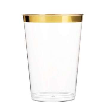 Munfix 100 Gold Plastic Cups 16 Oz Clear Plastic Cups Tumblers Gold Rimmed Cups Fancy Disposable Wed...