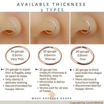 Gold Nose Ring Hoop for Women, Thin Nose Piercing jewelry (Rose Gold, 1pc- 5mm 22 gauge)