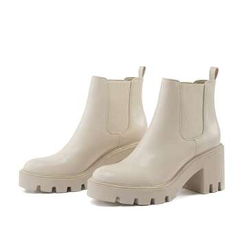 REDTOP Women's Chelsea Boots Fashion Platform High Heel PU Leather Ankle Booties Round Toe Casual Elastic Chunky Block Heel Boots Cream Size 7.5