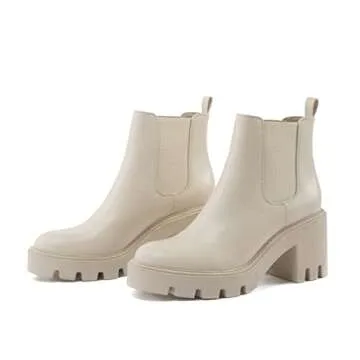 REDTOP Women's Chelsea Boots Fashion Platform High Heel PU Leather Ankle Booties Round Toe Casual Elastic Chunky Block Heel Boots Cream Size 7.5