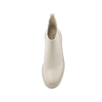 REDTOP Women's Chelsea Boots Fashion Platform High Heel PU Leather Ankle Booties Round Toe Casual Elastic Chunky Block Heel Boots Cream Size 7.5