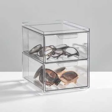 mDesign Stackable Storage Containers Box with 2 Pull-Out Drawers - Stacking Plastic Drawer Bins for Closet Organization, Linen, Coat, Bedroom or Entryway Closets - Lumiere Collection - 2 Pack - Clear