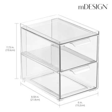 mDesign Stackable Storage Containers Box with 2 Pull-Out Drawers - Stacking Plastic Drawer Bins for Closet Organization, Linen, Coat, Bedroom or Entryway Closets - Lumiere Collection - 2 Pack - Clear
