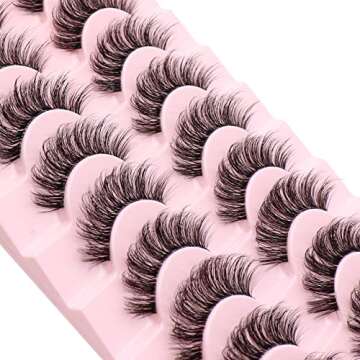 Veleasha Clear Band Lashes 10 Pairs Pack D Curl Russian Strip Lashes,Natural Look Transparent Soft Band Faux Mink Eyelashes for Eye Makeup (D03-T)