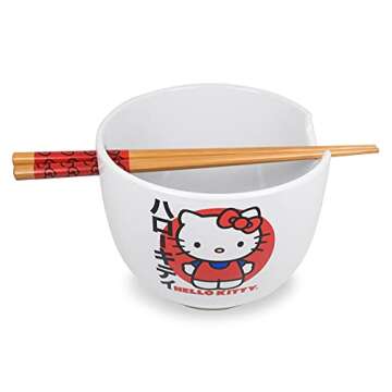Silver Buffalo Sanrio Hello Kitty Japanese Ceramic Ramen Noodle Rice Bowl with Chopsticks, Microwave...