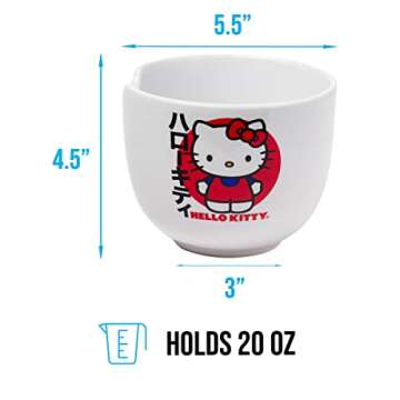 Silver Buffalo Sanrio Hello Kitty Japanese Ceramic Ramen Noodle Rice Bowl with Chopsticks, Microwave Safe, 20 Ounces