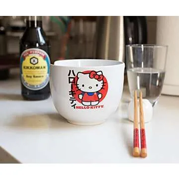 Silver Buffalo Sanrio Hello Kitty Japanese Ceramic Ramen Noodle Rice Bowl with Chopsticks, Microwave Safe, 20 Ounces