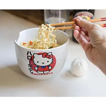 Silver Buffalo Sanrio Hello Kitty Japanese Ceramic Ramen Noodle Rice Bowl with Chopsticks, Microwave Safe, 20 Ounces