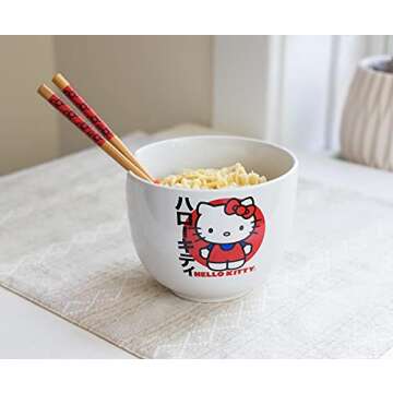 Silver Buffalo Sanrio Hello Kitty Japanese Ceramic Ramen Noodle Rice Bowl with Chopsticks, Microwave Safe, 20 Ounces
