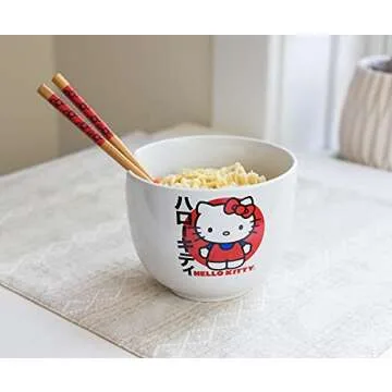 Silver Buffalo Sanrio Hello Kitty Japanese Ceramic Ramen Noodle Rice Bowl with Chopsticks, Microwave Safe, 20 Ounces