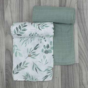 Organic Baby Muslin Swaddle Blankets for Boy or Girl - Eucalyptus Leaves and Sage Swaddling Blanket 2 Pack - Soft Muslin, XLarge and Breathable, Boho Baby, 47" X 47"