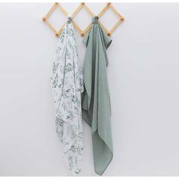 Organic Baby Muslin Swaddle Blankets for Boy or Girl - Eucalyptus Leaves and Sage Swaddling Blanket 2 Pack - Soft Muslin, XLarge and Breathable, Boho Baby, 47" X 47"