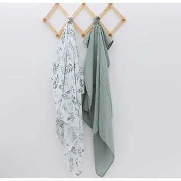 Organic Baby Muslin Swaddle Blankets for Boy or Girl - Eucalyptus Leaves and Sage Swaddling Blanket 2 Pack - Soft Muslin, XLarge and Breathable, Boho Baby, 47" X 47"