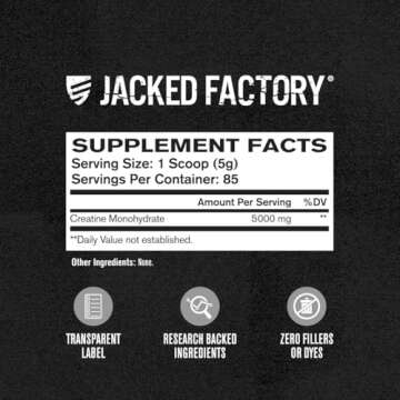 Jacked Factory Creatine Monohydrate Powder 425g - Creatine Supplement for Muscle Growth, Increased Strength, Enhanced Energy Output and Improved Athletic Performance 85 Servings, Unflavored