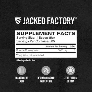 Jacked Factory Creatine Monohydrate Powder 425g - Creatine Supplement for Muscle Growth, Increased Strength, Enhanced Energy Output and Improved Athletic Performance 85 Servings, Unflavored