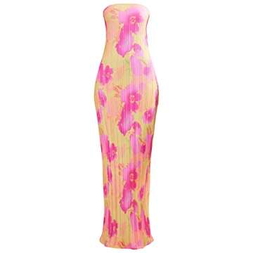 Women's Strapless Tube Tops Dress Sleeveless Hollow Out Skinny Long Dress Solid Casual Off Shoulder Bodycon Dress (02 Dark Pink Floral, M)