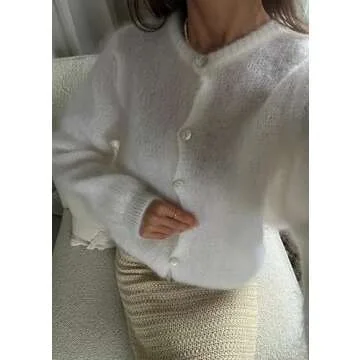 Women Crewneck Mohair Cardigan Casual Solid Button Down Long Sleeve Knitwear Sweater White