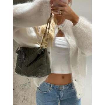 Women Crewneck Mohair Cardigan Casual Solid Button Down Long Sleeve Knitwear Sweater White