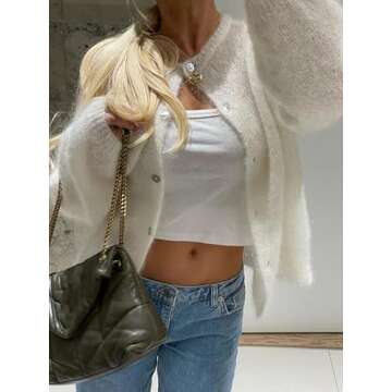 Women Crewneck Mohair Cardigan Casual Solid Button Down Long Sleeve Knitwear Sweater White
