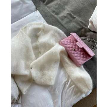 Women Crewneck Mohair Cardigan Casual Solid Button Down Long Sleeve Knitwear Sweater White