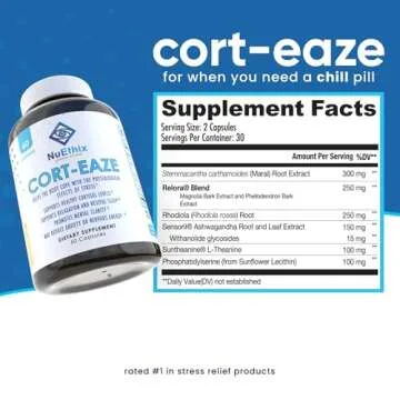 NuEthix Formulations Cort-Eaze - Cortisol Supplement - Health Support Supplement with Ashwagandha, L-Theanine & Rhodiola Rosea - Relaxation and Deep Sleep, 60 Capsules, 30 Servings