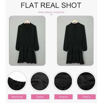 Dokotoo Womens Cute Spring Casual Sexy Deep V Neck Ruffle Chiffon Lantern Long Sleeve Elegant Empire Waist Flowy Mini Short Skirt Dresses for Women Party 2024 Black Small